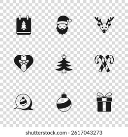 Set Christmas ball, Candy cane with stripes, Gift box, tree, Reindeer, day calendar, Santa Claus hat beard and  icon. Vector