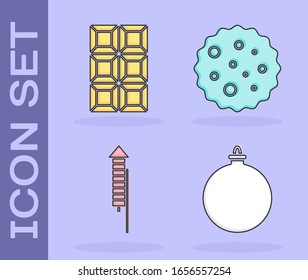 Set Christmas ball, Chocolate bar, Firework rocket and Cookie or biscuit with chocolate icon. Vector
