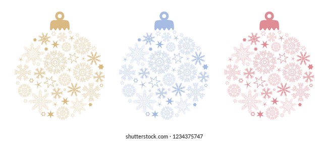 set of christmas ball decoration with snowflakes and stars in different colors vector illustration EPS10