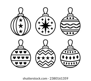 set of christmas ball decorations design icon collections for holiday, new years, party vector black white outline style