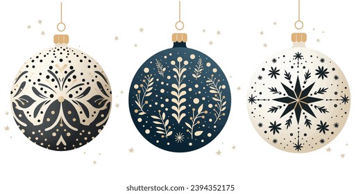 Set of Christmas ball with decorative ornament. Scandi minimalism style. New Year decorative elements 