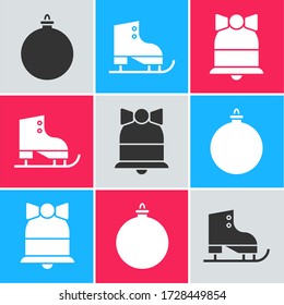 Set Christmas ball, Figure skates and Merry Christmas ringing bell icon. Vector