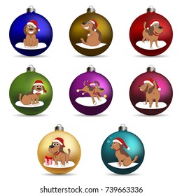 Set of christmas ball. Funny Cartoon Puppy in the hat of Santa in Different Poses. New Year Puppy.