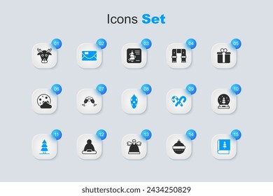 Set Christmas ball, Glass of champagne, Envelope, tree, book, snow globe, Reindeer and toy icon. Vector