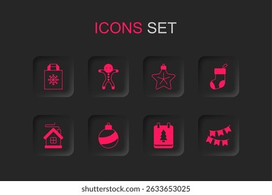Set Christmas ball, Holiday gingerbread man cookie, shopping bag, calendar, stocking, Carnival garland with flags, star and Merry house icon. Vector