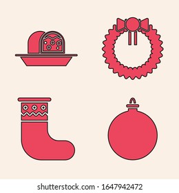 Set Christmas ball, Marzipan sponge cake, Christmas wreath and Christmas stocking icon. Vector