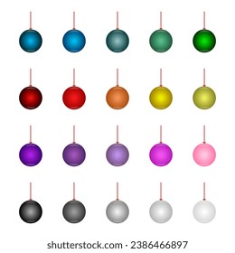 set of christmas ball with ribbon and a bow. hanging balls ornament vector illustration isolated on white background.