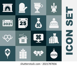 Set Christmas ball, Santa Claus bag gift, Winter hat, Mulled wine, Calendar, Interior fireplace and  icon. Vector