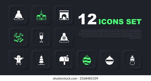 Set Christmas ball, Santa Claus hat and beard, Glass of champagne, Candy, tree, Church building and Mail box icon. Vector