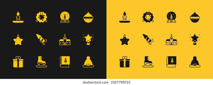 Set Christmas ball, Skates, Church building, book, Firework rocket, snow globe, Burning candle and wreath icon. Vector