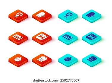 Set Christmas ball, snow globe, Calendar, mitten and Snowflake icon. Vector