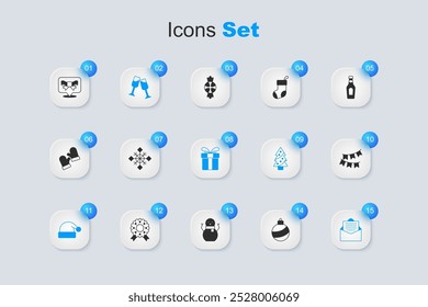 Set Christmas ball, Snowflake, Glass of champagne, Santa Claus hat, Envelope, Carnival garland with flags, Gift bow and box icon. Vector