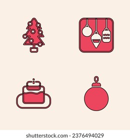 Set Christmas ball, tree, lights and Cake icon. Vector
