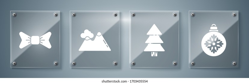 Set Christmas ball, Christmas tree, Mountains and Bow tie. Square glass panels. Vector