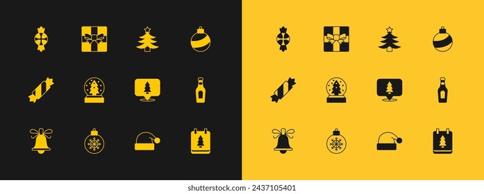 Set Christmas ball, tree, Santa Claus hat, snow globe, Candy and Gift box icon. Vector