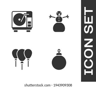 Set Christmas ball, Vinyl player with vinyl disk, Balloons ribbon and snowman icon. Vector