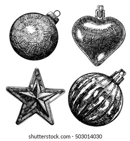 Set of Christmas ball for xmas tree decoration made of glass. In shape of star and heart. Hand drawing. Evening holiday ball, hand drawn, isolated on white background. Vector.
