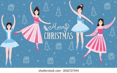 Set of christmas ballerinas on dark blue background with eve and presents, colourful cartoon dancers in different poses