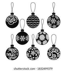 set of Christmas balloons with patterns and greeting inscriptions in black and white. eight silhouettes of Christmas tree decorations can be used as a popular holiday decoration 
element. EPS 10.