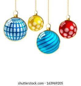 A set of Christmas balls of 4 pieces of blue, yellow, gold, red color hanging on a chain on a white isolated background. Vector EPS 10 illustration.