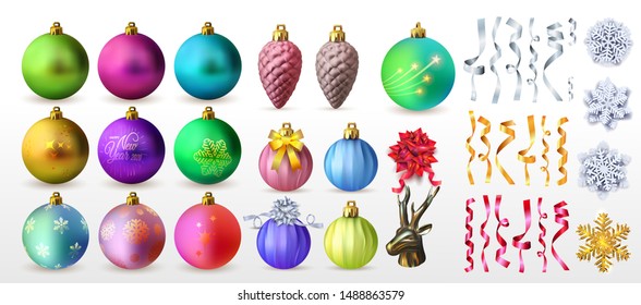 Set of Christmas balls background. Festive xmas decoration gold, pink, green and blue bauble and bright snowflake, hanging on the ribbon. Vector illustration. Isolated on white background.