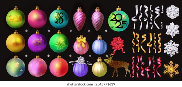 Set of Christmas balls background. Festive xmas decoration gold, pink, green and blue bauble and bright snowflake, hanging on the ribbon. Vector illustration. Isolated on white background.