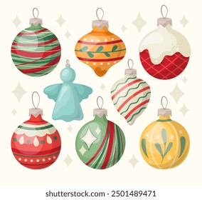 Set of Christmas balls, baubles and toys for traditional fir tree decoration. Hand drawn cartoone style. Xmas holiday decoration elements. Isolated vector illustration.