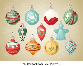 Set of Christmas balls, baubles and toys for traditional fir tree decoration. Hand drawn cartoone style. Isolated vector illustration.