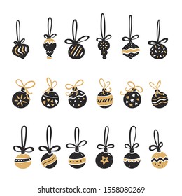 Set of Christmas balls in black and gold style. Vector illustration in hand drawn of style.