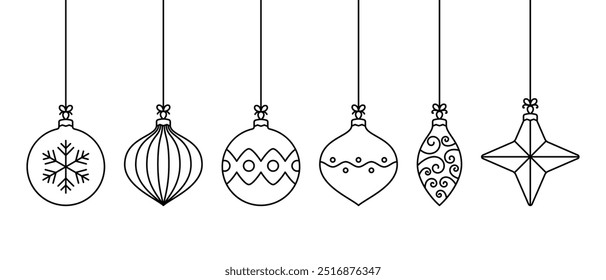 Set of Christmas balls, boho trendy card, simple outline style, vector illustration