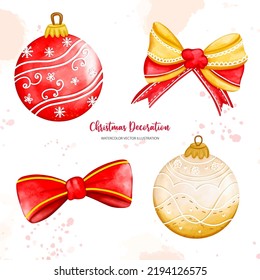 Juego de bolas y arcos de Navidad, decoración navideña, pintura digital acuarela ilustración
