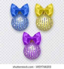 Set of Christmas balls with bow. New Year decoration isolated on white background, Vector eps 10 format