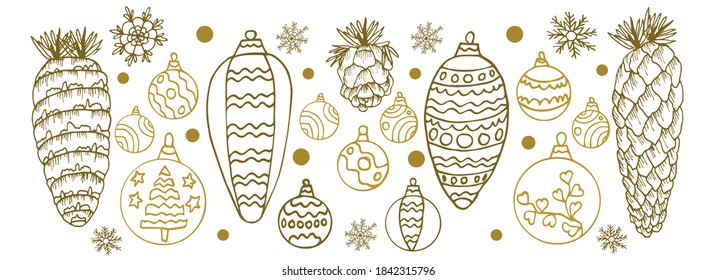 Set of Christmas balls, cones, snowflakes in the style of doodles. Christmas toys is isolated on a white background. Horizontal border. New year, Xmas hand drawn vector illustration for your design 