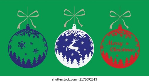 Set of Christmas balls decorated with snowflakes, snow covered reindeer pine trees and Merry Christmas.