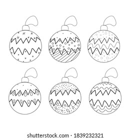 
Set of Christmas balls for decorating a Christmas tree, balls drawn by hand in doodle style, vector objects isolated on a white background.