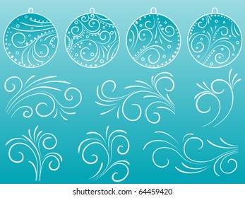 A set of Christmas balls and design scrolls. Vector illustration.