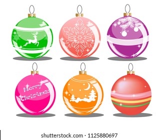 Set of Christmas balls of different colors with drawings