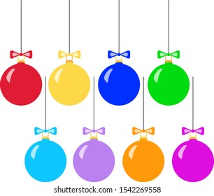 A set of Christmas balls of different colors with bows hanging on threads. Isolated vector elements on a transparent background for New Year and Christmas decoration.