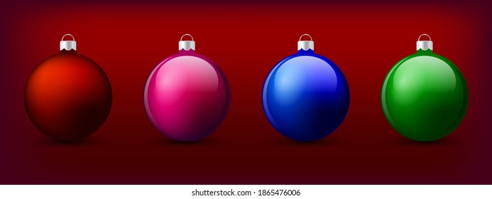 Set of Christmas balls with different colors isolated on red background, vector illustration