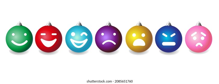 Set of Christmas balls of different colors with emotions. Happy and kind, sad and angry emotions. Realistic 3D icons