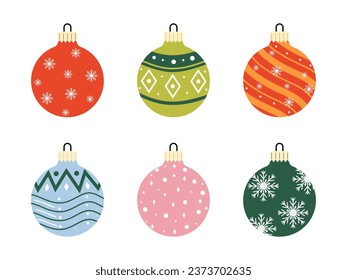 Set of Christmas balls of different colors and ornaments to decorate the Christmas tree. Collection of colorful christmas elements. Xmas glass balls isolated. Holiday decoration template. Vector