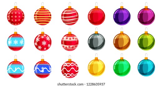 Set christmas balls different colours. Set of isolated cartoon style decorations. Vector illustration.