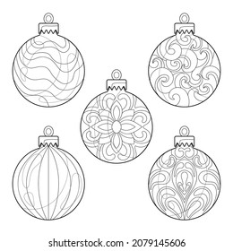 Set of Christmas balls with different patterns on a white isolated background. Suitable for coloring book, cards.