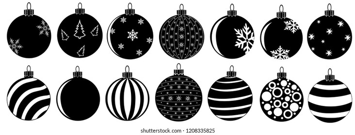 Set of Christmas balls different, with snowflakes,  black color isolated on white background