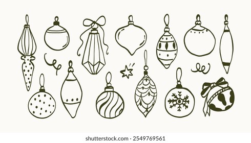 Set of Christmas balls doodle. Line art sketch of hand drawn bauble design. Winter holiday decoration vintage trendy coquette xmas balls. Vector outline illustration