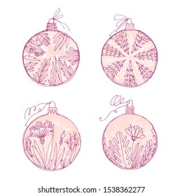 Set with Christmas balls, drawn by hand. Vector illustration on a white background