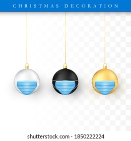 Juego de bolas de Navidad con máscara facial. Elemento de decoración de vacaciones. Burbujas blancas de oro y negras. Vector