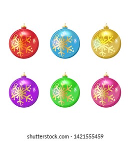 Set of christmas balls with gold snowflakes isolated on white background.