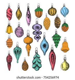 Set of Christmas balls. Hand drawn vintage elements. Colorful cute decoration. Vector objects.