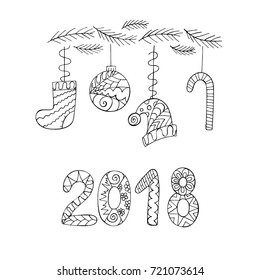 Set of Christmas balls. Happy New Year 2018. Hand drawn illustration.